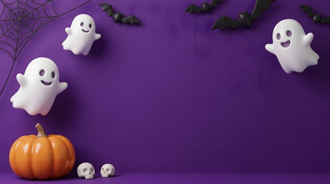 Festive halloween scene with cute ghosts a pumpkin and spooky decorations on a vibrant purple background