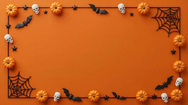 A festive halloween border features pumpkins spooky bats and delicate cobwebs set against a vibrant bright orange backdrop