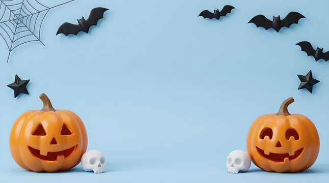 Spooky halloween scene with carved pumpkins and bats against a light blue background for festive celebrations