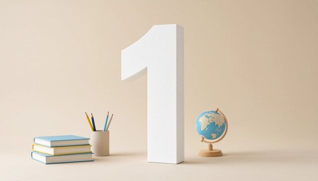 Number one with books globe and pencils on beige background