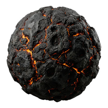 Una sfera di roccia vulcanica scura con crepe luminose di lava incandescente arancione che emana calore, isolata su uno sfondo bianco puro per progetti di design creativo.