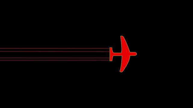Aircraft flying left with parallel vapor trails glowing in stark red neon lines against a solid black background representing commercial aviation routes and fast international passenger.