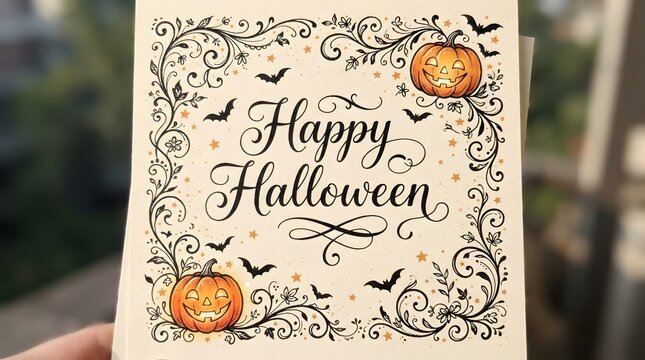 Happy halloween greeting card with pumpkins and floral frame