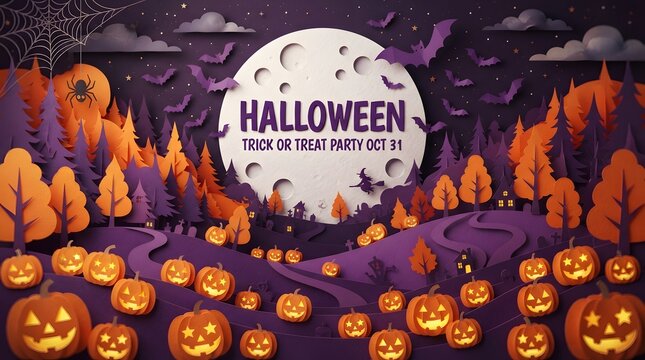 Halloween paper craft landscape with pumpkins and full moon