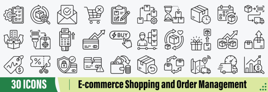 E-commerce Shopping and Order Management Line Icons Set: Vector Pictograms of Online Order Processing, Status Tracking, Confirmation, Cancellation, Modification, Multiple Order Management, and More.