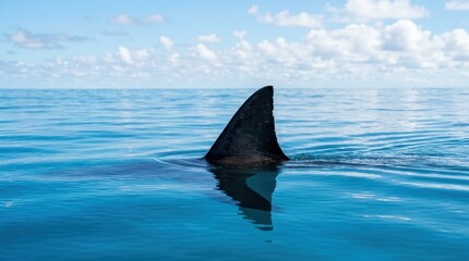 Naklejka premium Shark Dorsal Fin Above Calm Blue Ocean Water Surface with Reflection under Sunny Sky