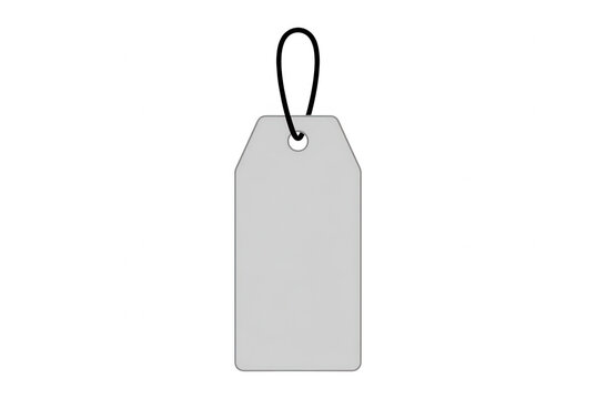 Etichetta vuota grigia appesa con un filo nero, cartellino rettangolare per prezzi o regali isolato su sfondo bianco, ideale per mockup di branding e design di vendita al dettaglio.