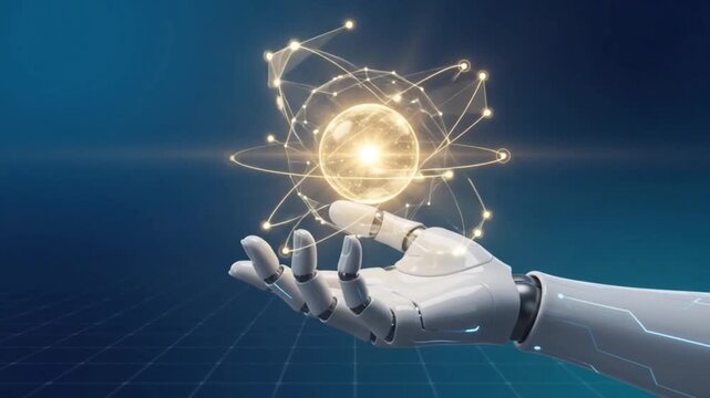 Robot hand holding glowing digital sphere atom model representing artificial intelligence