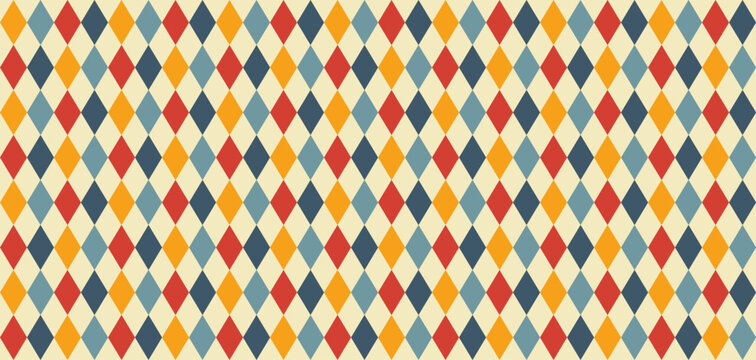 Pattern plaid argyle and diamond circus background with red carnival lozenge. Xmas clown winter and texture paper check with wallpaper seamless blue. Holiday pattern rhombus and harlequin.	