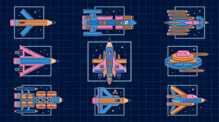 Obraz premium Retro-futuristic spaceship icons made from pencils, rulers, and erasers on a blueprint grid background