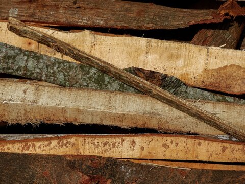 Pile of dry chopped firewood and cut timber logs stored as raw natural biomass material for heating energy.