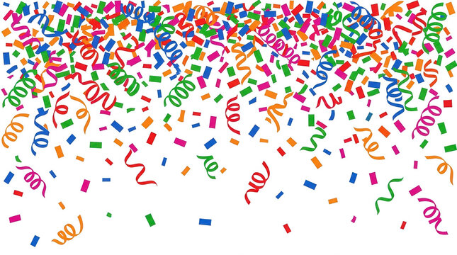 Sfondo festivo con coriandoli colorati e stelle filanti che cadono dall'alto su uno sfondo bianco isolato, perfetto per celebrazioni, compleanni e feste di capodanno.