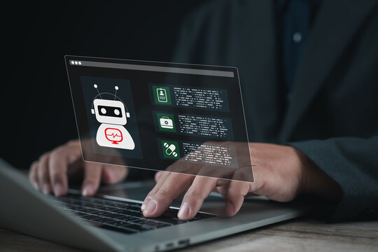 AI healthcare interface analyzes medical data, patient records and digital health information as a professional uses a laptop, representing medical technology and intelligent patient care.