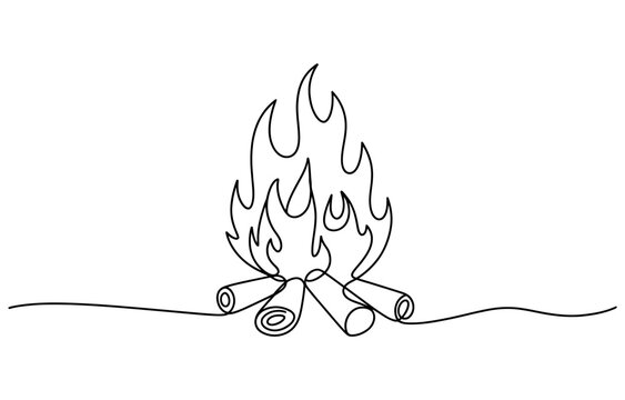 Continuous single line drawing of a campfire with burning logs and dancing flames Vector, illustration
