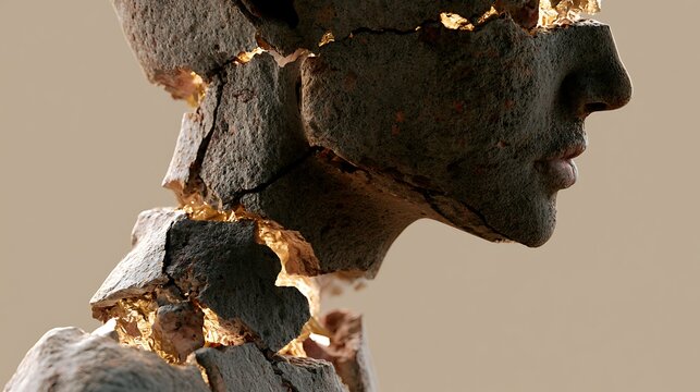 Human silhouette made of textured stone with glowing gold cracks representing mental health