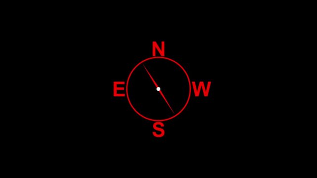 Compass needle pointing toward north with a crimson red neon design isolated on black background depicting orientation and geographical navigation equipment for modern explorers and outdoor adventure.