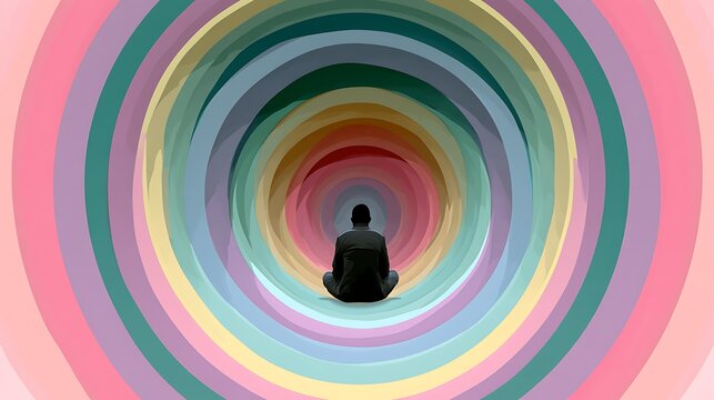 Person meditating in center of colorful concentric circles representing mental mindfulness.