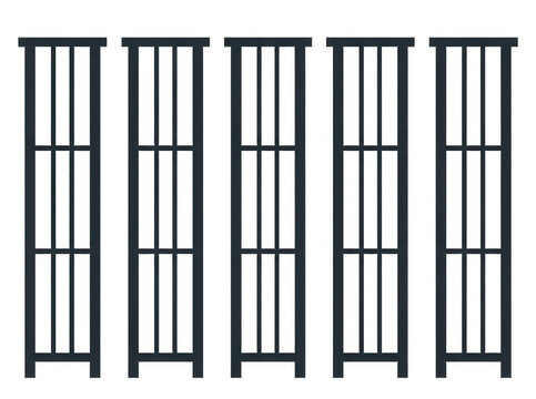 Icona vettoriale piatta che mostra cinque pannelli verticali a griglia o divisori in stile minimalista, isolati su sfondo bianco, ideali per design grafico e layout architettonici.