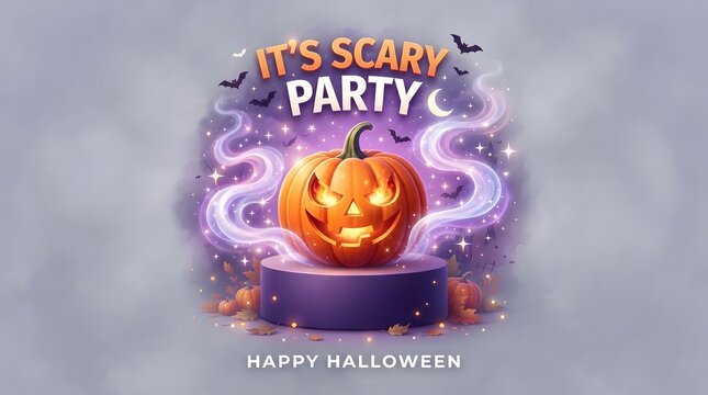 Halloween party poster with glowing jackolantern on purple podium