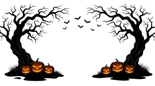 Halloween background with spooky trees and jackolanterns isolated on white background