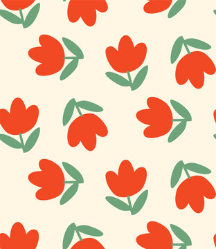 seamless pattern with red tulip floral pattern isolated yellow background 