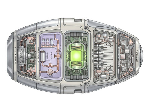 Illustrazione tecnica di un modulo di propulsione spaziale futuristico con nucleo energetico luminoso e complessi circuiti meccanici su sfondo bianco isolato