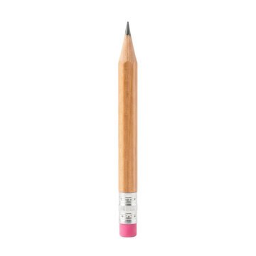 Una matita di legno classica con gomma rosa posta in verticale su uno sfondo bianco isolato, ideale per concetti di scrittura, educazione, design creativo e pianificazione scolastica.