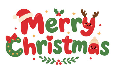 Fototapeta premium Cute Merry Christmas Decorative Lettering with Festive Characters