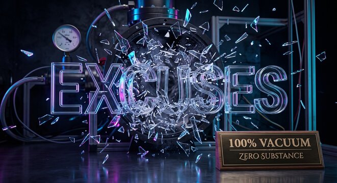 Hollow glass 3D typography spelling "EXCUSES" imploding under vacuum pressure with "100% VACUUM ZERO SUBSTANCE" against a dramatic neon studio background