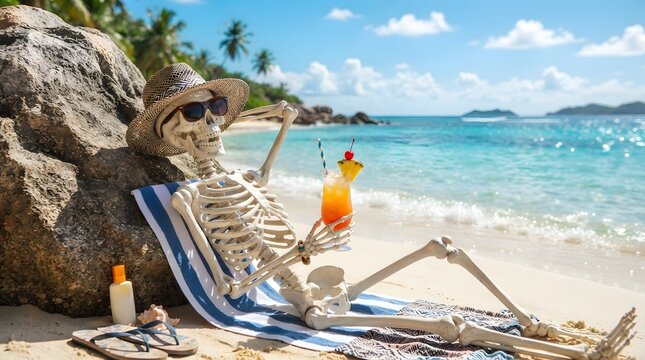 Skeleton relaxing on a beach chair with a tropical cocktail