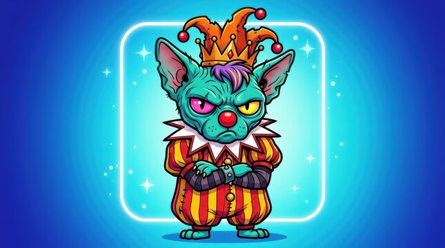 Grumpy Sphynx Cat Jester Illustration - Angry Cartoon Cat in Clown Costume with Crown and Jester Hat on Blue Background