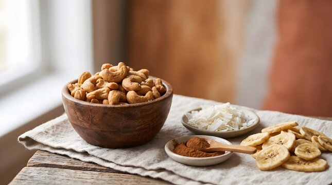 Wooden bowl of roasted cashews with banana chips, coconut flakes, and cinnamon powder on a rustic wooden table