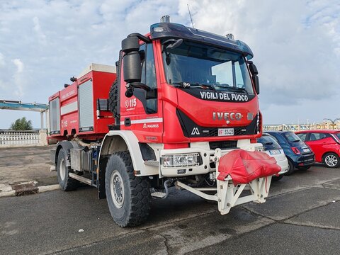 Ostia, Rome, Italy - August 21, 2026, operational firefighter vehicle ready to respond, parked on the seafront.