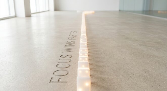 Glowing domino path with focus wins faster text on floor
