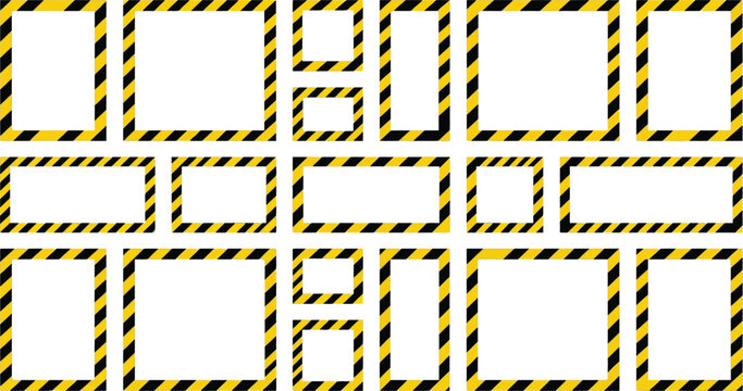 Industrial yellow and black caution tape frames, 18 hazard border elements, construction warning stripe frames for safety signage