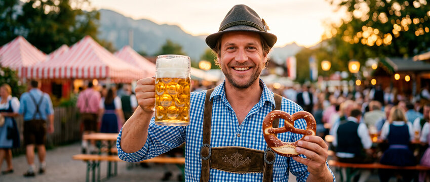Smiling man in traditional bavarian lederhosen holding beer mug and pretzel at Oktoberfest festival. German folk culture celebration and beer garden party with joyful autumn holiday tradition