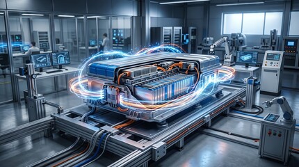 Fototapeta premium Futuristic energy storage technology in a high tech laboratory environment with dynamic light effects