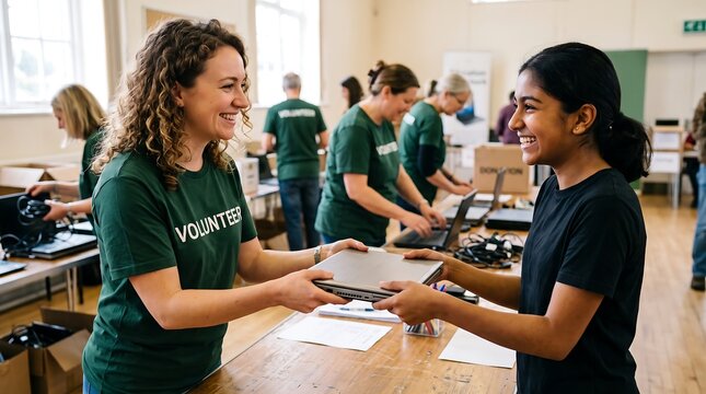 A smiling volunteer in a green t-shirt hands a laptop to a young woman at a table, with other volunteers working in the background.