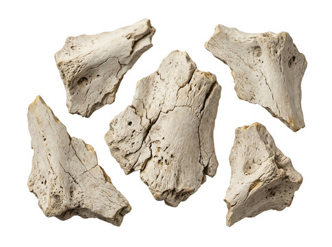 Un insieme di frammenti di ossa animali antiche e fossilizzate isolate su sfondo bianco, ideali per studi archeologici, paleontologici o progetti di design scientifico e storico.