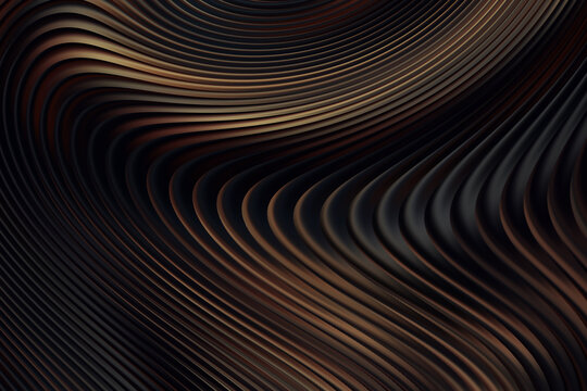 Abstract dark brown wavy 3d textured background with smooth flowing lines and metallic finish