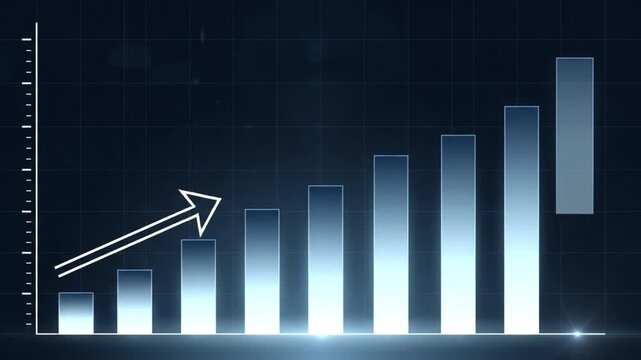 Blue digital business growth bar chart with a rising white arrow symbolizing financial success, data analysis, and economic progress in corporate