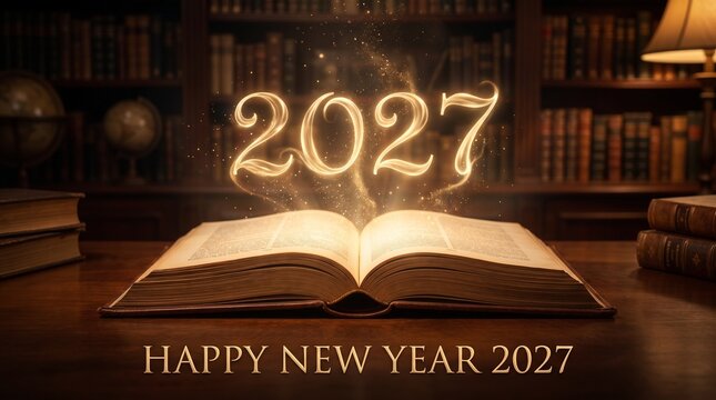Golden 2027 New Year celebration banner with glowing numbers and open book for festive holiday design