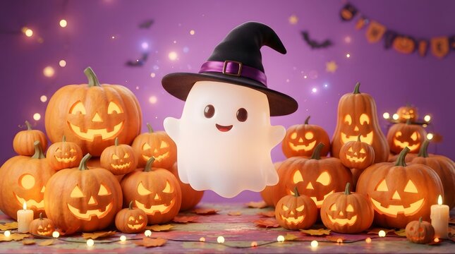 Cute ghost wearing a witch hat surrounded by glowing jackolanterns