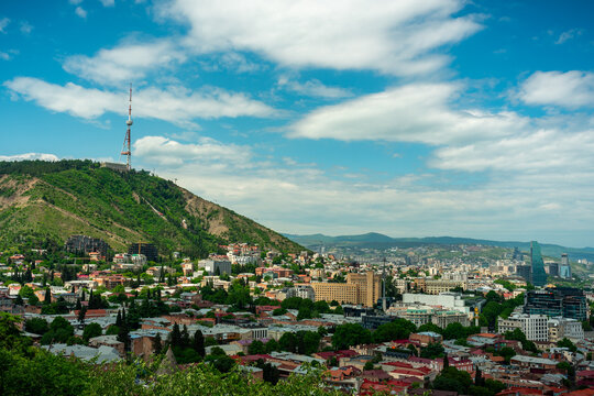 Beautiful aerial city landscape view of city center of the Old Town Tbilisi Georgia.