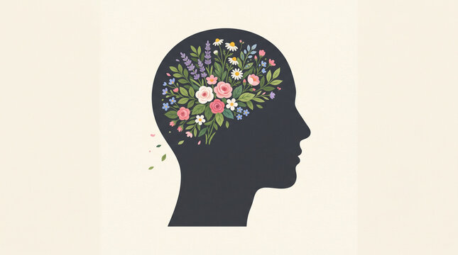 Human head profile silhouette with brain filled with colorful blooming flowers, plants and botanical elements, mental health awareness, emotional wellbeing, psychological growth and positive thinking 