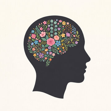 Human head profile silhouette with brain filled with colorful blooming flowers, plants and botanical elements, mental health awareness, emotional wellbeing, psychological growth and positive thinking 