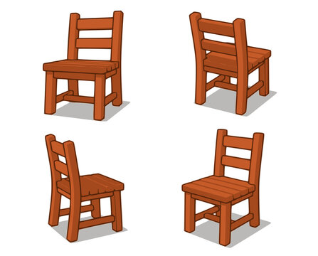 Set of cartoon wooden chairs. Illustration of a cartoon funny wooden kitchen or garden chairs for creation of home interior scenes. Transparent PNG version.