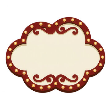 Insegna luminosa vintage a forma di nuvola con bordo rosso decorato e lampadine stile teatro per cartelloni pubblicitari o annunci promozionali su sfondo bianco isolato