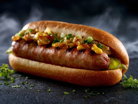 Ultra realistic gourmet hot dog featuring grilled artisan sausage, toasted brioche bun, caramelized onions, mustard, pickles, and fresh herbs on a dark textured background