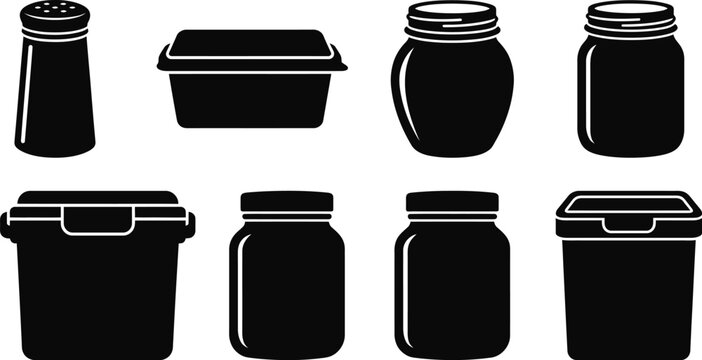 Set of kitchen jars and food storage containers in black silhouette style with container
